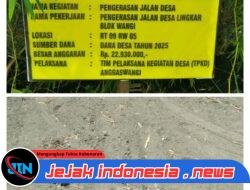 Pekerjaan Pengerasan Jalan di Desa Anggaswangi Sukodono Kabupaten Sidoarjo Diduga Penyimpangan Anggaran Dana Desa