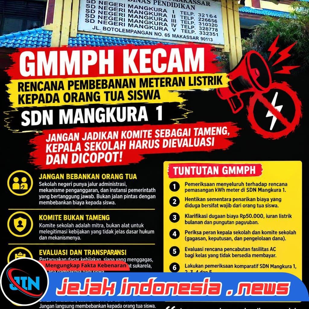 *GMMPH Kecam Rencana Pembebanan Meteran Listrik kepada Orang Tua Siswa SDN Mangkura 1: Jangan Jadikan Komite sebagai Tameng, Kepala Sekolah Harus Dievaluasi dan Dicopot!*